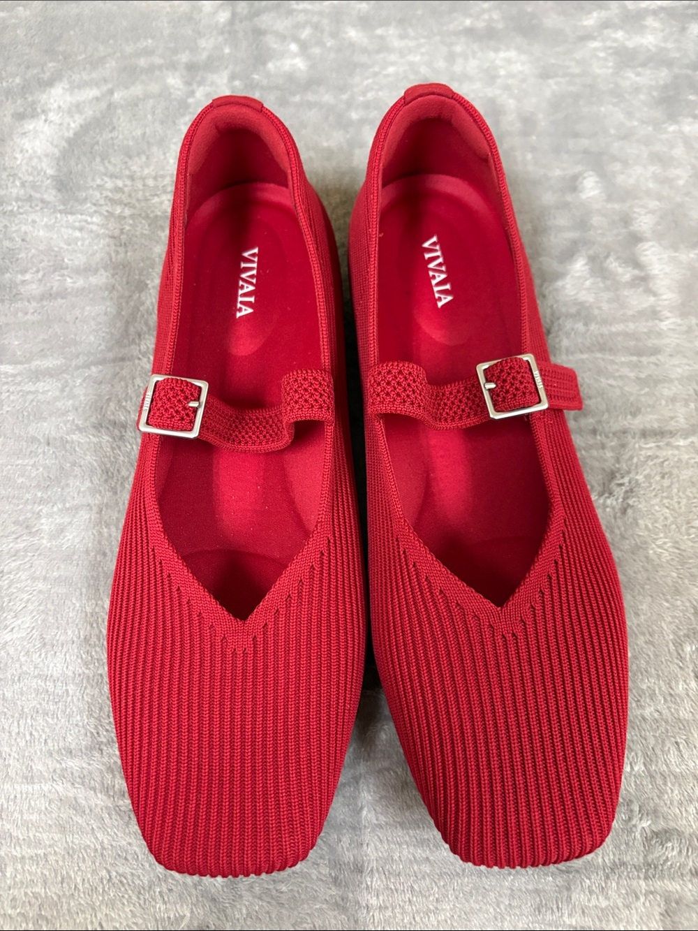 VIVAIA Red Knit Mary Jane Loafers with Buckle Strap